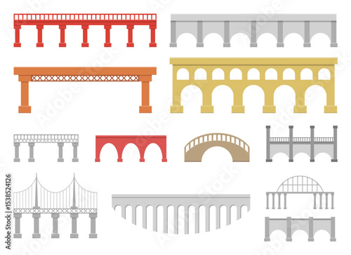 Illustration showcasing multiple bridge designs against a white backdrop.