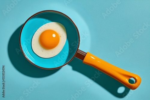Bright blue frying pan with a perfectly cooked fried egg on a vibrant blue background, showcasing culinary art and modern kitchen aesthetics in a playful composition. Copy space.