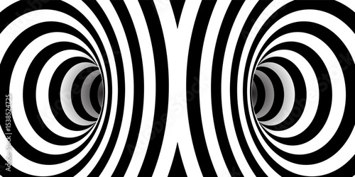 Illusion of distorted space - wormhole with entrance and exit as bw bg. Optical abstract tunnel with 3D portal effect. Circular whirlpool. Psychedelic vector illustration of black lines and stripes