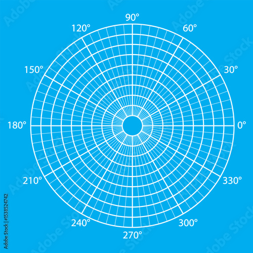 Blueprint polar coordinate grid divided into sectors of 5 and 30 degrees and several circles. Concentric mesh with different angles. Radar scheme. Vector illustration.