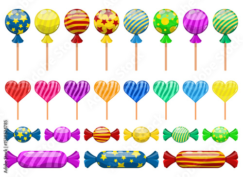 Colorful Candies: Variety of lollipops, heart-shaped sweets, and wrapped treats.