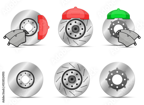 Assortment of various brake rotors and pads on a white background. 