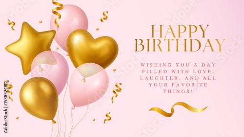 3d  Balloon Happy Birthday Day Girl Party Pink Gold Element Gift Ball Balloons Icon Vector Invitation Card