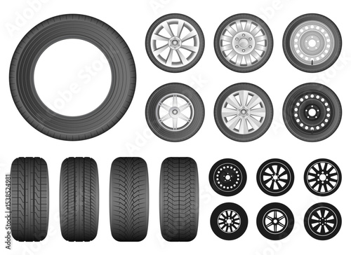 Collection of various tires and wheels for automotive vehicles usage.