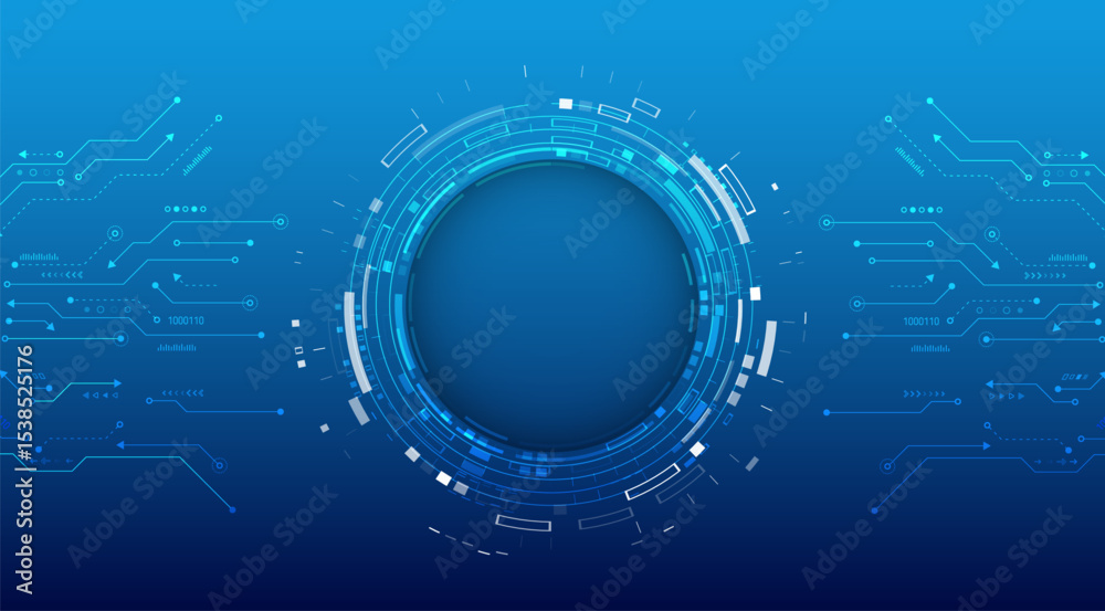 Obraz premium Futuristic blue digital background with abstract circuit lines and a circular HUD interface. Ideal for tech presentations, cybersecurity themes, and innovation-related designs.