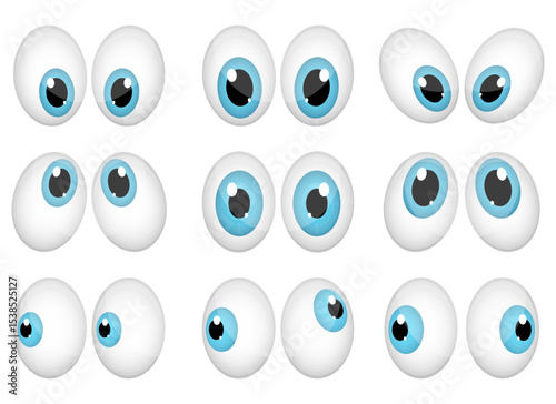 Cartoon eyes: sets of expressive blue animated eyes looking in different ways.