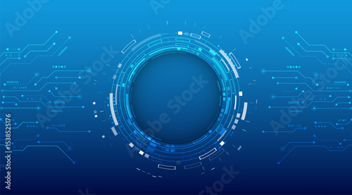 Futuristic blue digital background with abstract circuit lines and a circular HUD interface. Ideal for tech presentations, cybersecurity themes, and innovation-related designs.