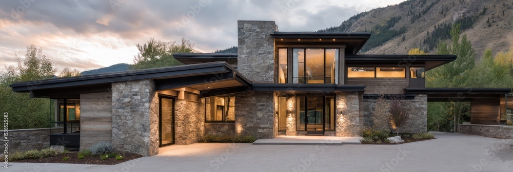 Obraz premium Upscale mountain-style residence with rugged stone exteriors, industrial black window frames, extended eaves over cozy veranda, captured sunset