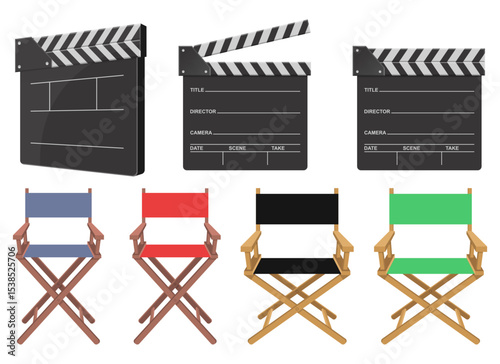 Set of director's chairs and film clapboards used in filmmaking industry