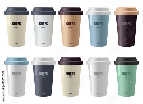 Coffee cups of varied colors and sizes on a white surface. Close up.
