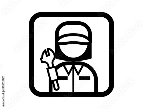 スパナを持った整備士のシンプルな四角いモノクロイラストアイコン