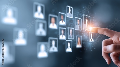 A hand interacts with a digital interface showcasing user profiles.