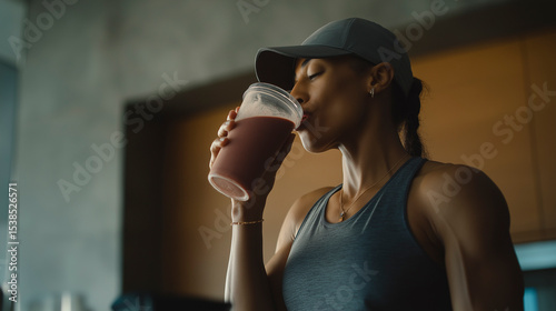 Athletic man in gray sleeveless hoodie is enjoying a refreshing orange smoothie while sitting on a kitchen counter, surrounded by fresh fruits and modern kitchen decor