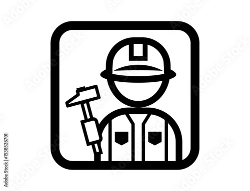 ハンマーを持った職人のシンプルな四角いモノクロイラストアイコン