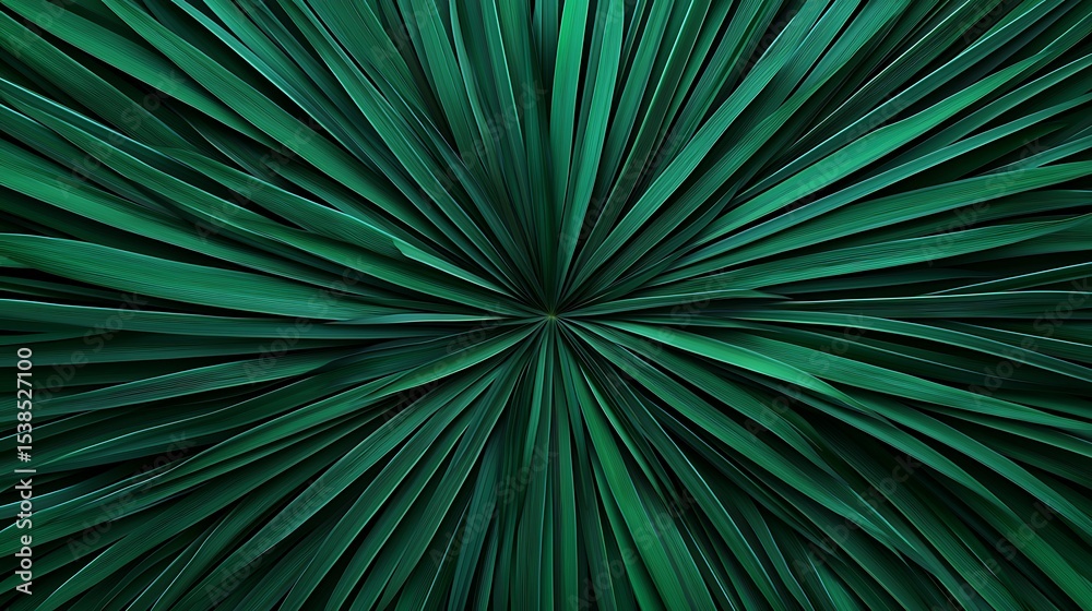 Obraz premium A close-up, symmetrical radial pattern of dark green leaves creating a starburst effect with sharp, textured lines radiating from the center.