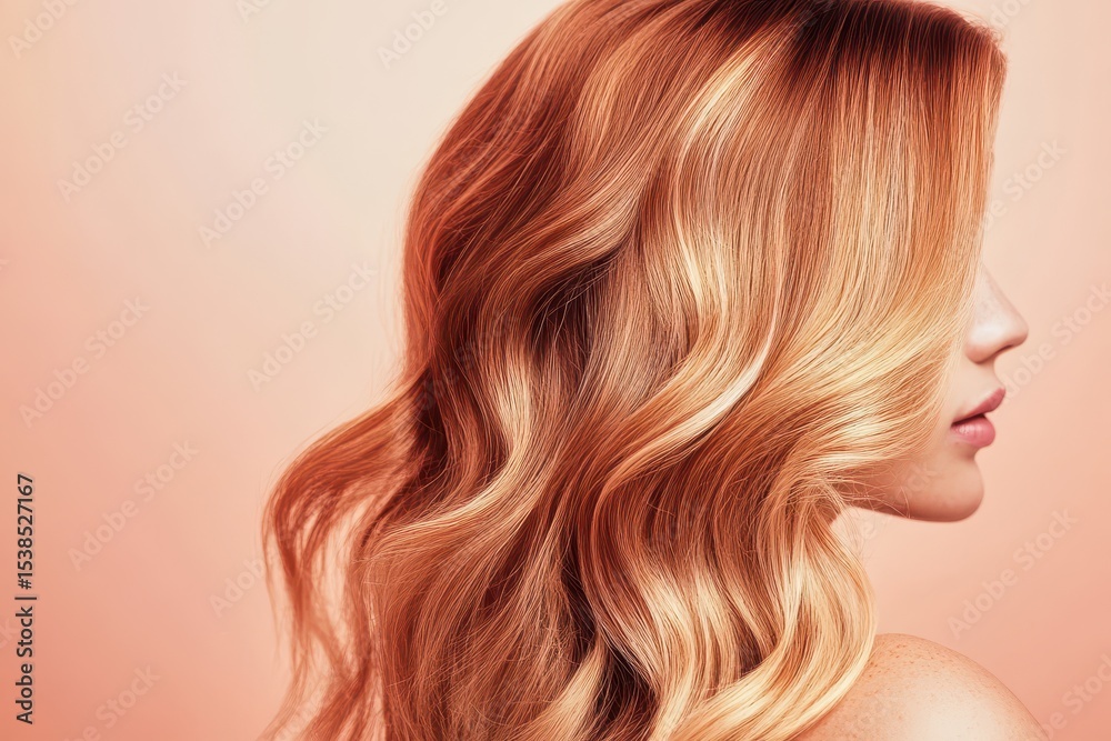 Naklejka premium Wavy ombre hair cascading elegantly against a soft peach background, highlighting the beauty and texture of the hairstyle in a serene setting