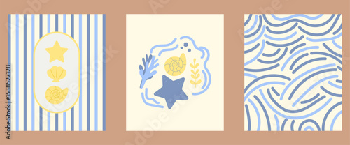 set of vector Abstract summer posters. seashells and wave sea design. Trendy summer design or pattern.