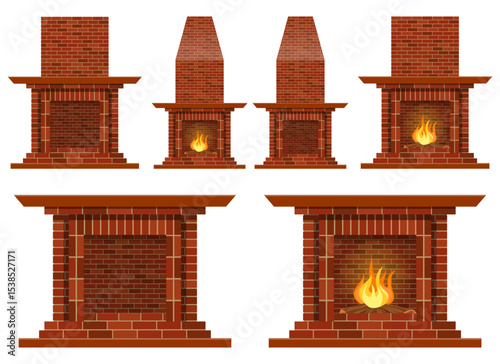 Collection of brick fireplaces, some with fires burning and some unlit.