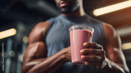 Athletic man in gray sleeveless hoodie is enjoying a refreshing orange smoothie while sitting on a kitchen counter, surrounded by fresh fruits and modern kitchen decor