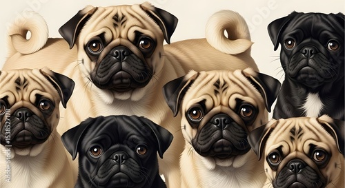 Close-up Group Portrait of Adorable Pugs in Detailed Digital Art