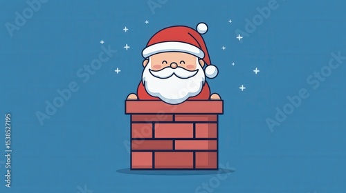 A cute cartoon Santa Claus peeking out of a chimney, surrounded by stars on a blue background.
