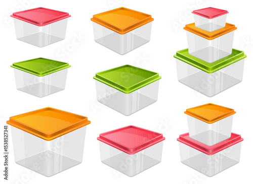 Colorful food containers with lids, arranged in varying sizes and groupings.