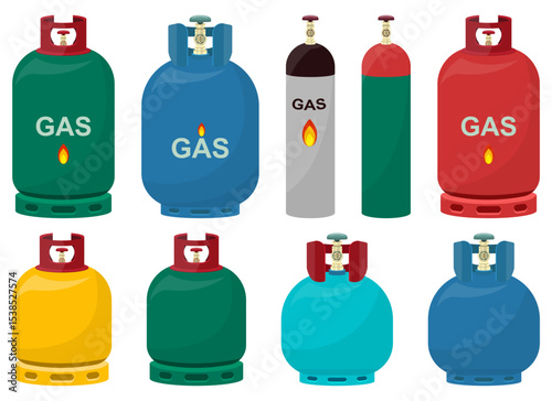 Collection of colorful gas cylinders of different shapes and sizes.