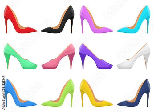 A collection of brightly colored high heel shoes in various styles and colors.