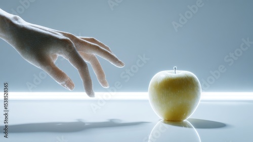 A hand reaches for a glowing apple on a reflective surface, symbolizing desire.