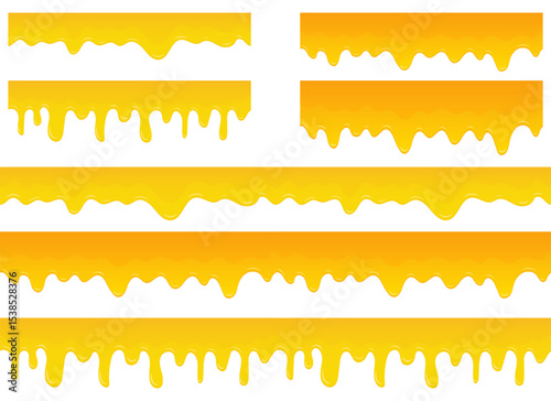 Sticky liquid border designs, dripping golden viscous fluid for decorations.