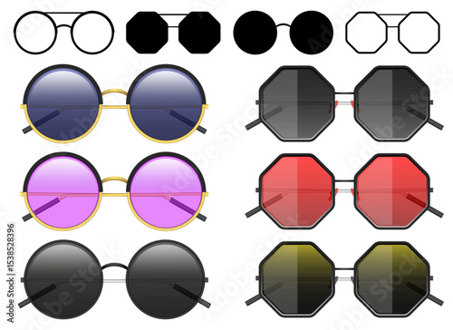 Variety of fashion sunglasses with different shapes, colors, and frame designs.