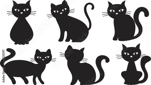 Six black cats with tails are in various poses on a white backdrop