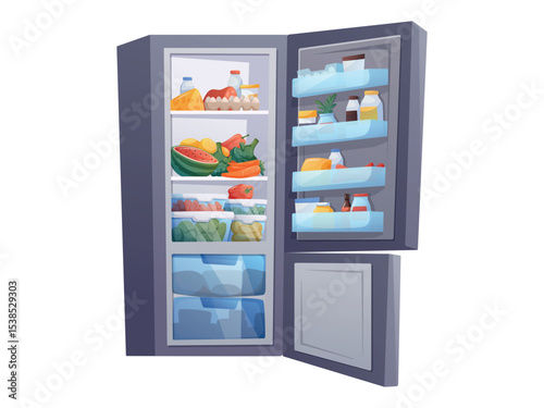 Modern open refrigerator with organized shelves full of fresh food, drinks, fruits, vegetables, and containers. Cartoon vector isolated illustration for kitchen, grocery, or healthy eating themes.