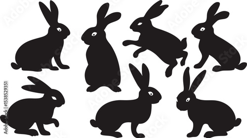 Seven black bunny silhouettes create a whimsical tableau with various poses and orientations on white