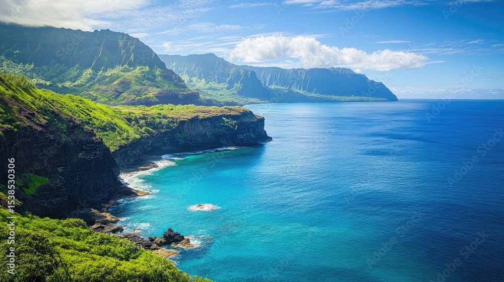 Fototapeta premium Scenic Coastal Landscape with Lush Green Mountains and Clear Blue Ocean Under Bright Sky