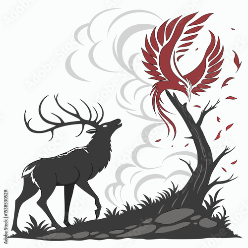 Illustration of a deer looking up at a phoenix perched on a tree with smoke and falling leaves around it