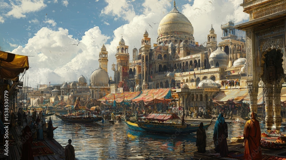 Fototapeta premium A bustling cityscape by a waterway.