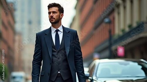 Confident man in suit walking with smartphone outside
