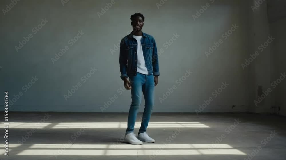 A trendy African male walking catwalk, breaking dance halfway. wears 90s hip hop look, bucket hat, oversized denim jacket, graphic tee neon sneakers. Expression fierce, playful, full of pride movement A trendy African male walking catwalk, breaking dance halfway. wears 90s hip hop look, bucket hat, oversized denim jacket, graphic tee neon sneakers. Expression fierce, playful, full of pride movement