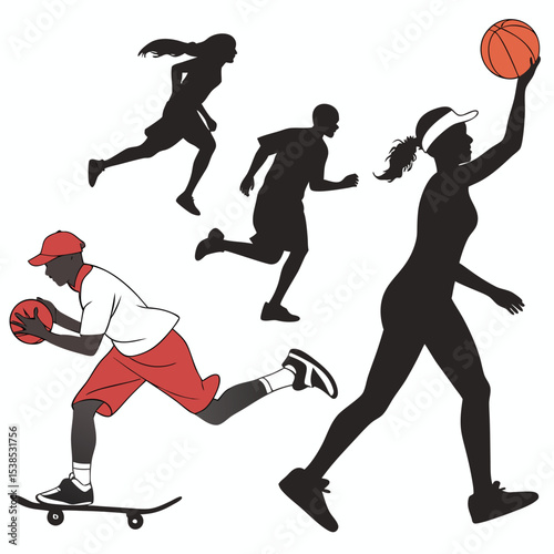 Silhouette figures engaged in various sports activities like basketball running and skateboarding are shown