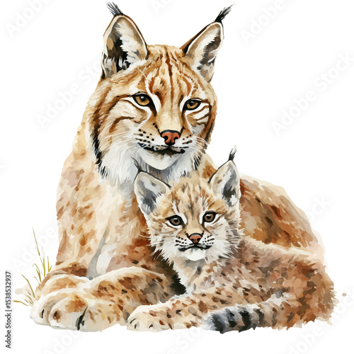 A Mother Lynx With Her Kid, watercolor illustration vector, isolated on a white background.