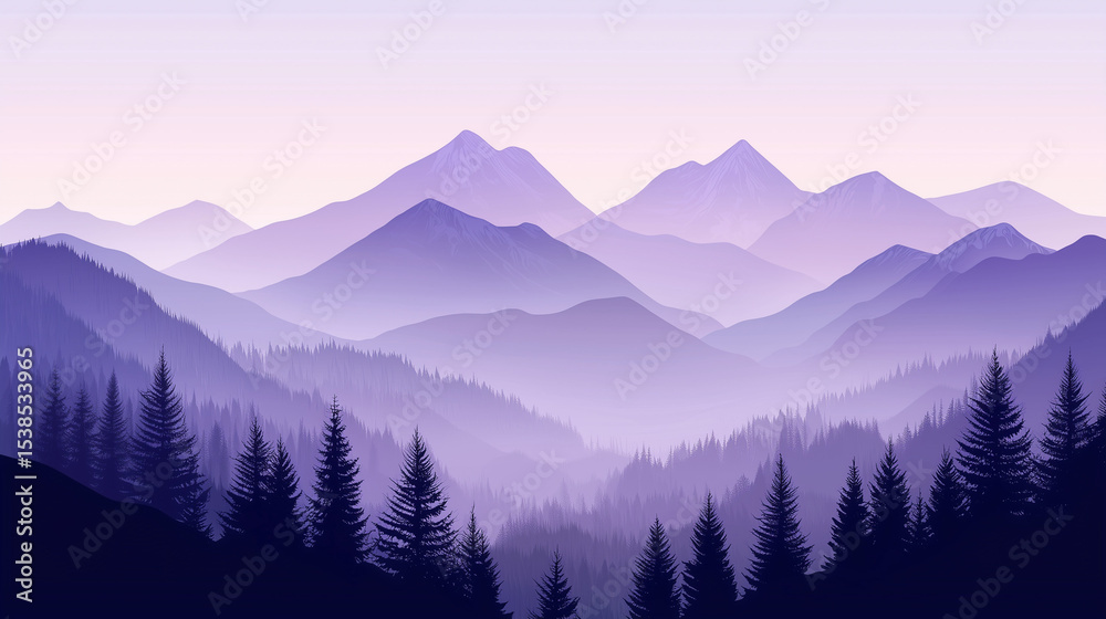 Fototapeta premium Purple Mountains Banner Featuring Soft Mist-Covered Peaks With Tree Silhouettes at the Base and Gradient Background From Light Purple to Pale Blue, Perfect for Calm Nature and Landscape Art