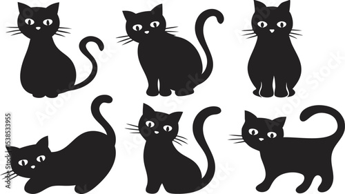 Six black cats with unique poses showcase whimsical Halloween charm and spooky elegance