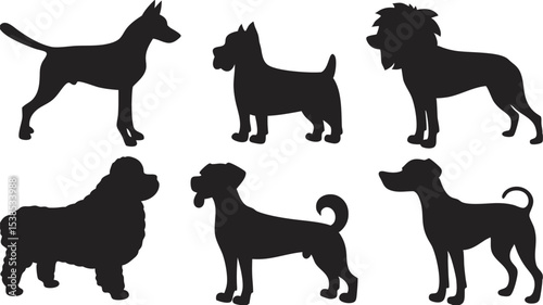 Six different dog breeds are displayed as black silhouette animal graphics
