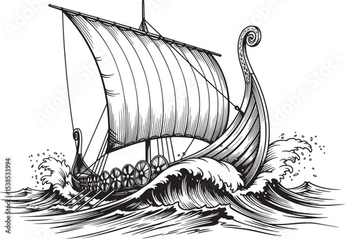 Black and White Viking Ship Sailing Through Waves boat
