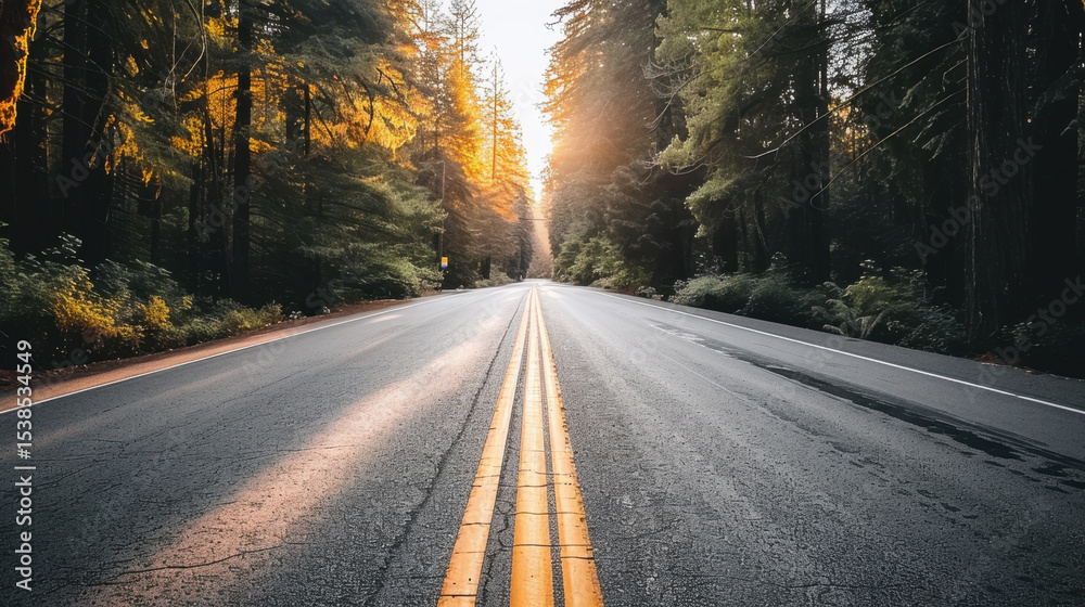 Fototapeta premium Serene forest road at sunrise, with golden light filtering through tall trees, creating peaceful atmosphere