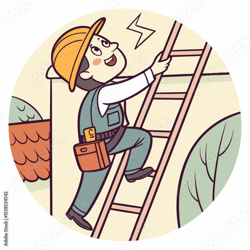 Cartoon electrician icon climbing ladder