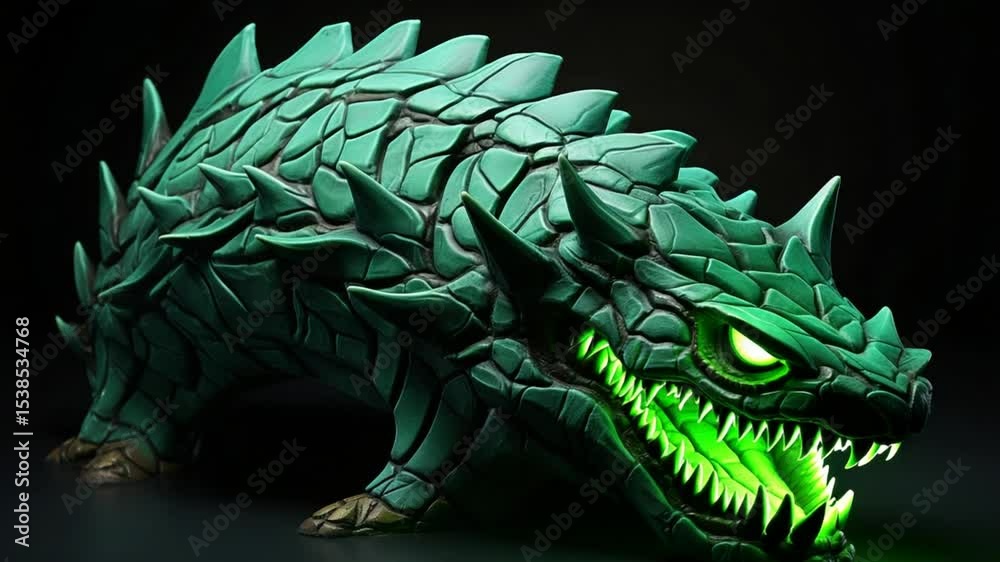 Menacing Green Dragon Creature with Glowing Mouth and Spiked Body against Dark Background