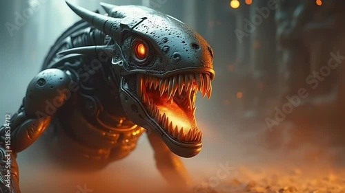 Mechanical dragon with glowing eyes and fire breath
