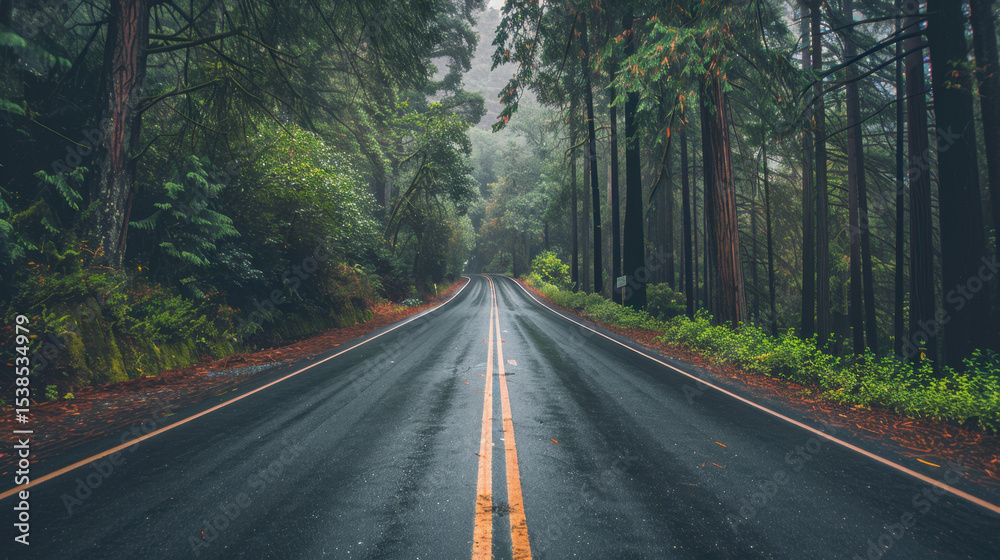 Serene forest road surrounded by tall trees creates peaceful atmosphere, inviting exploration and adventure Serene forest road surrounded by tall trees creates peaceful atmosphere, inviting exploration and adventure